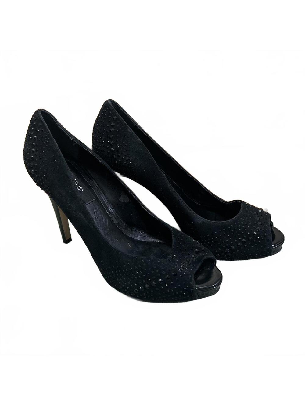 White House Black Market Chrystol Black Suede Peep Toe Heels Rhinestone 8 M